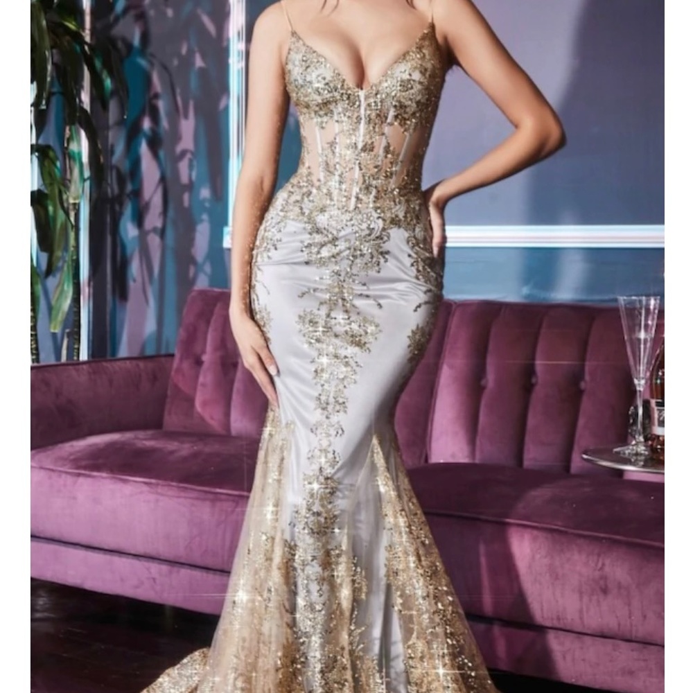 Shimmer Corset Bodice Mermaid Evening Gown- Gold Mist